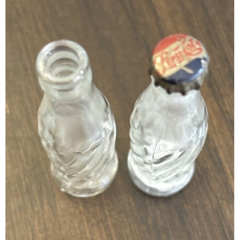 2 Vintage Mini Soda Bottles Pepsi Cola 2.5" Tall Glass. One Has A Cap.